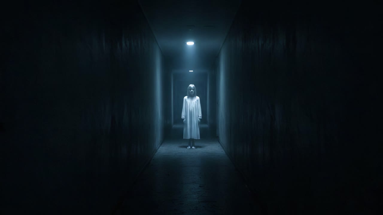 A Haunting Presence in an Eerie, Dimly Lit Corridor: Exploring Themes of Fear and Isolation Through a Mysterious Figure in a Dark Atmosphere