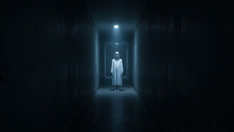 a haunting presence in an eerie, dimly lit corridor: exploring themes of fear and isolation through a mysterious figure in a dark atmosphere