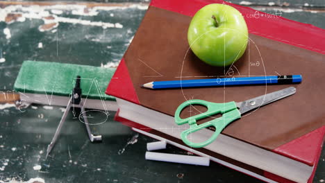 mathematical equations and diagrams floating against school equipments on wooden surface