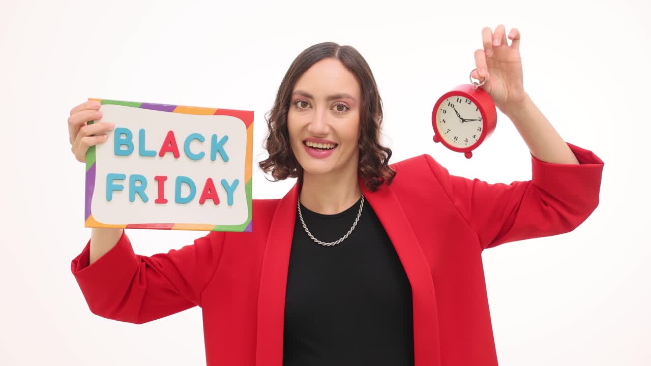 Woman Holding Black Friday Sign and Alarm Clock for Sales Promotion