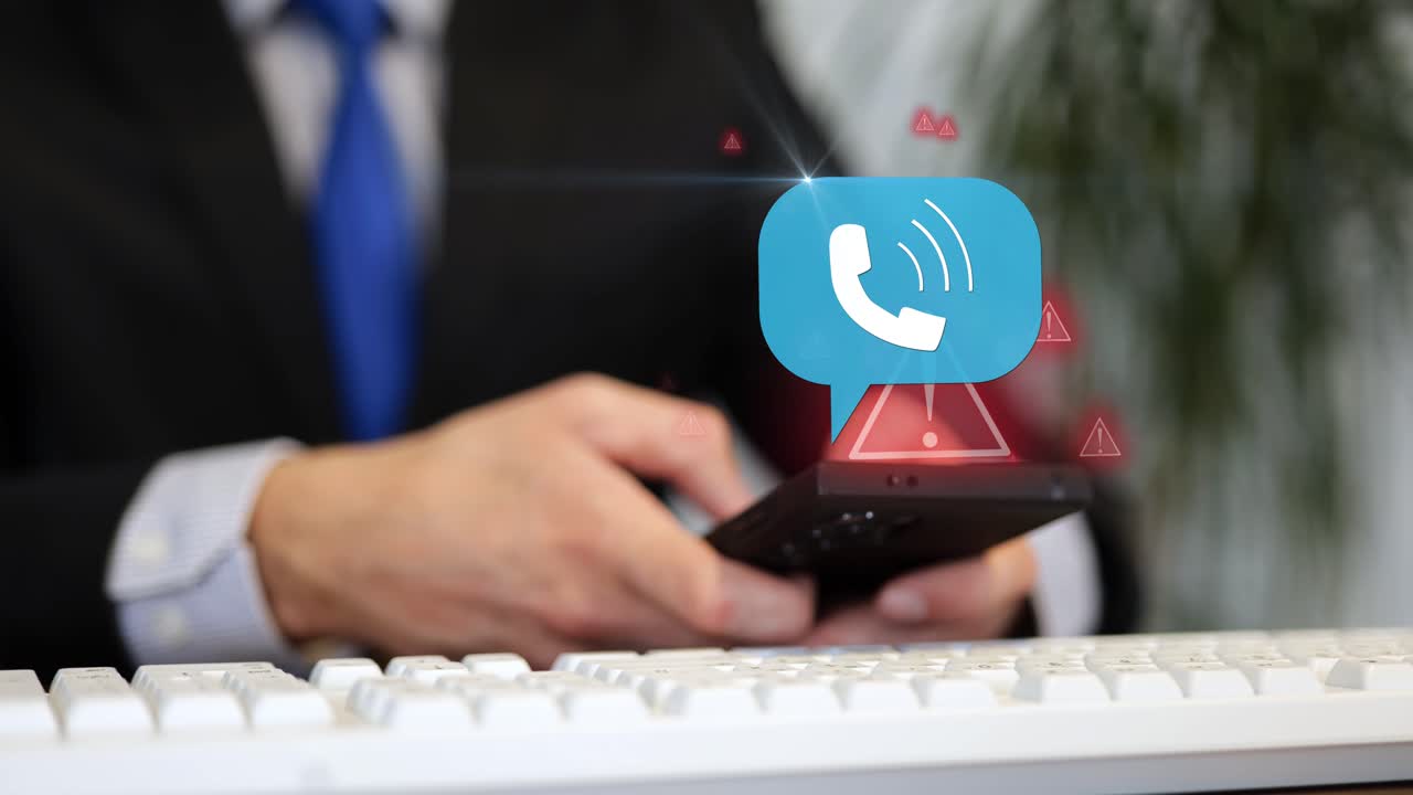 Attacco di phishing su uno smartphone. Animazione di triangoli di avviso rossi e un'icona del telefono che compaiono sopra le mani di un utente che digita su uno smartphone in ufficio, rappresentando violazione dei dati, frode e minacce alla sicurezza informatica.