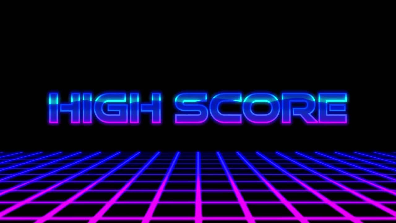 Animation of high score text in glowing blue letters over blue neon glowing grid