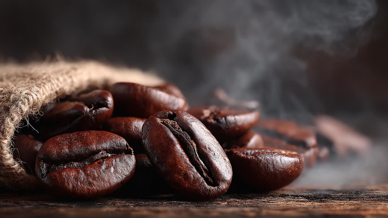 Et Nærbillede af Aromatiske Kaffebønner, der Spildes fra en Jutesæk, med Damp der Stiger Op i et Rustikt Miljø, og Fremviser Deres Rige Farve og Tekstur