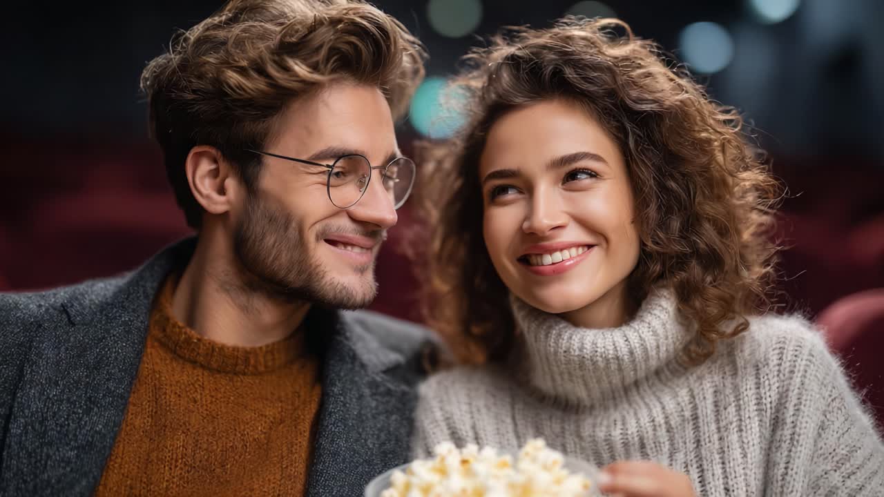 A Delightful Evening at the Movies: A Couple Enjoying Popcorn Together, Capturing Moments of Joy and Connection in a Cozy Cinema Atmosphere