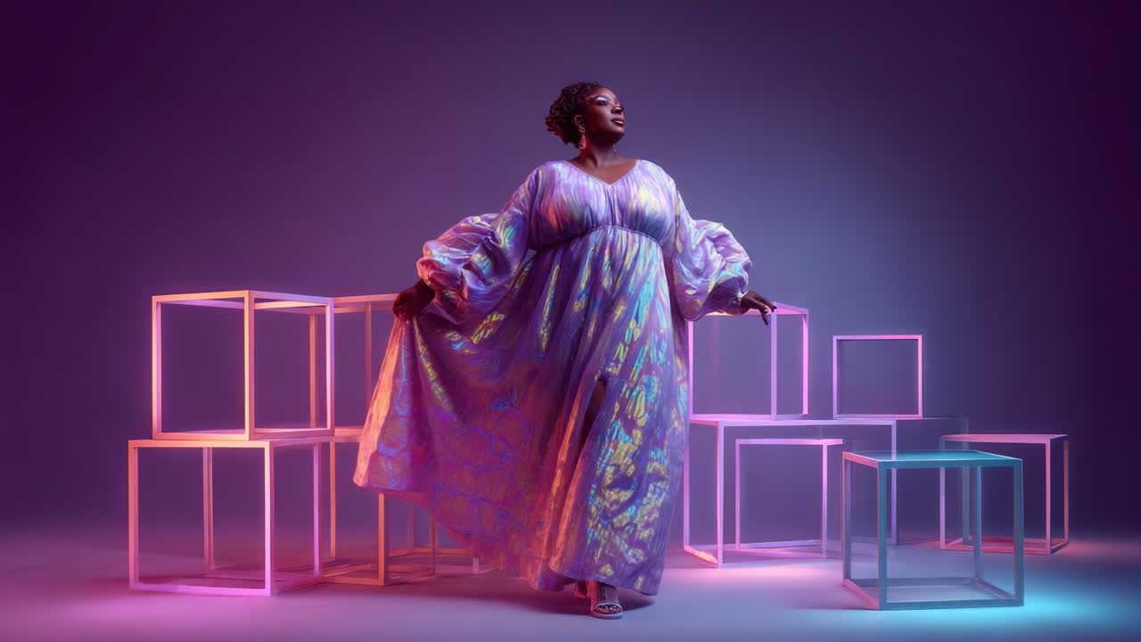 A graceful figure dressed in an iridescent gown poses and walks confidently amidst colorful illuminated cubes, showcasing elegance and vibrant artistic expression