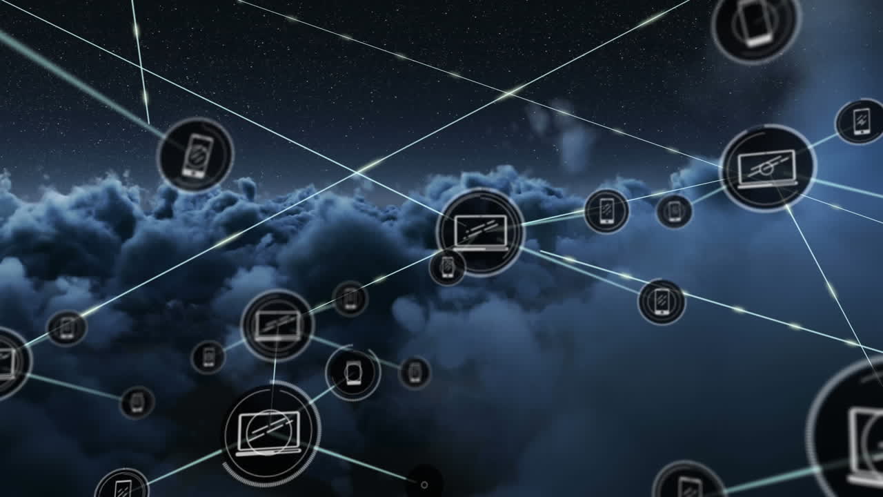 Animation of networks of connections with icons over sky