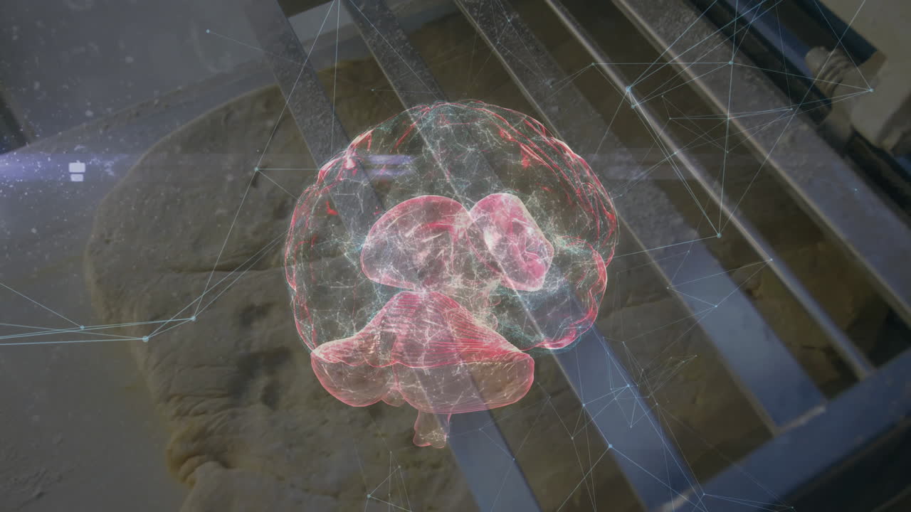 Translucent 3D holographic brain floating above rough floor, showing network nodes, metal staircase