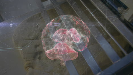 translucent 3d holographic brain floating above rough floor, showing network nodes, metal staircase