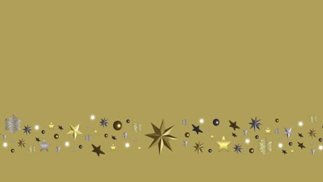 animation of christmas decorations with copy space on gold background