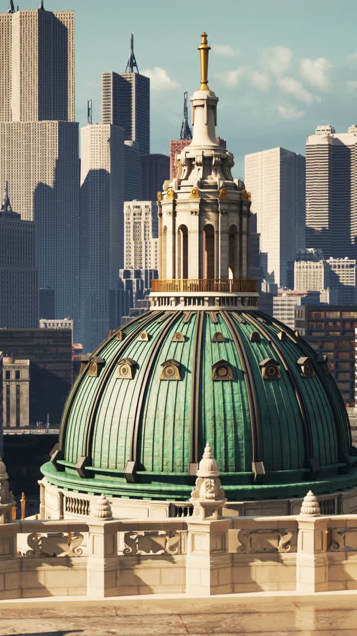 una ciudad futurista con una gran estructura de cúpula