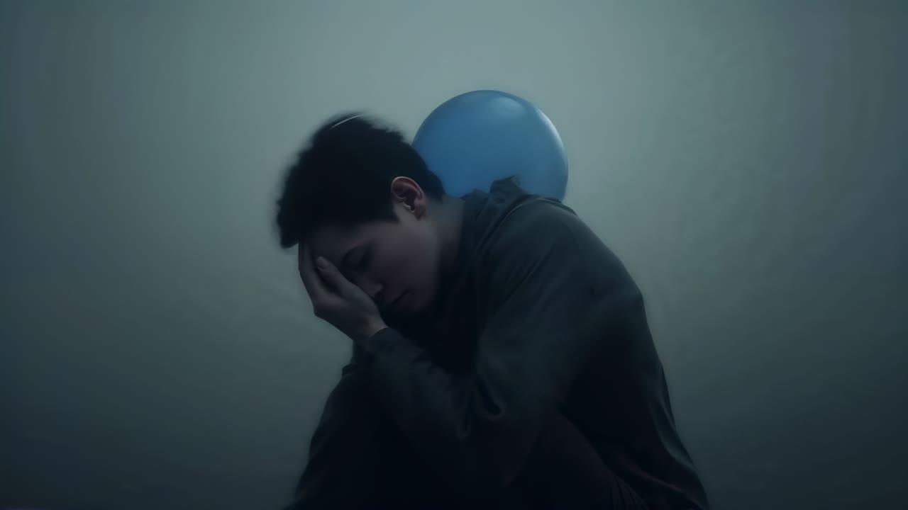 Breathing Asian man in hoodie, hunched in studio, covering face, showing fatigue, balloon shifting
