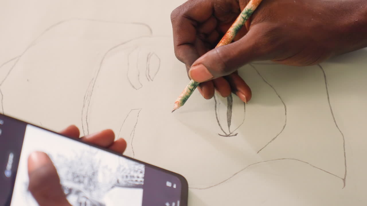 Black artist using phone reference to sketch portrait lines on paper, camera frame visible, steady pencil detailing eyes and lips, warm studio light and collaborative documentation mood