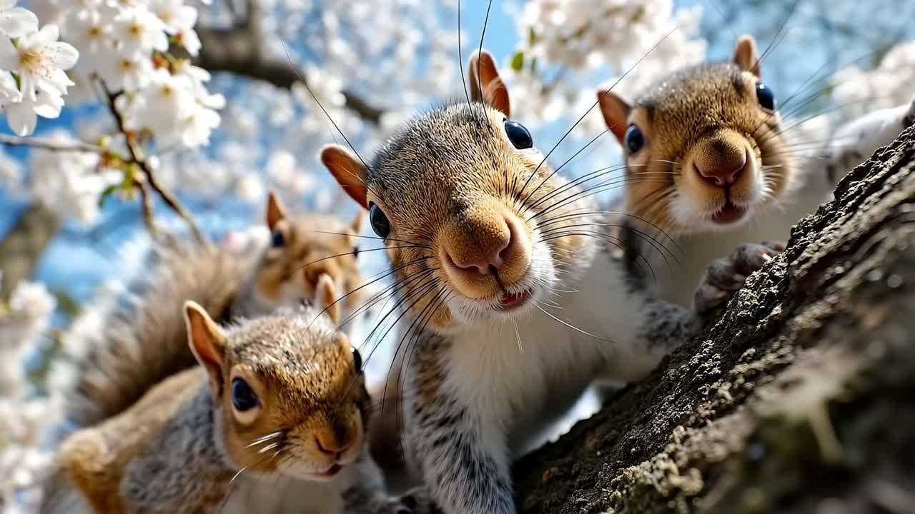 A group of squirrels sitting on top of a tree branch