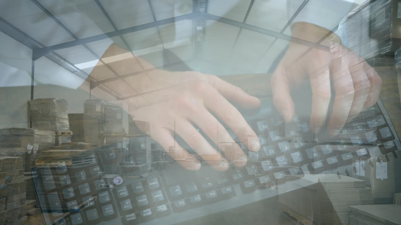animación de una mujer escribiendo en un teclado de computadora con pilas de cajas en un almacén