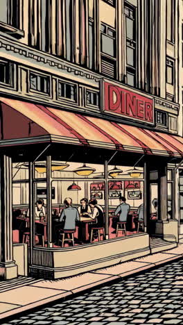 a diner on a city street at night in comic art style