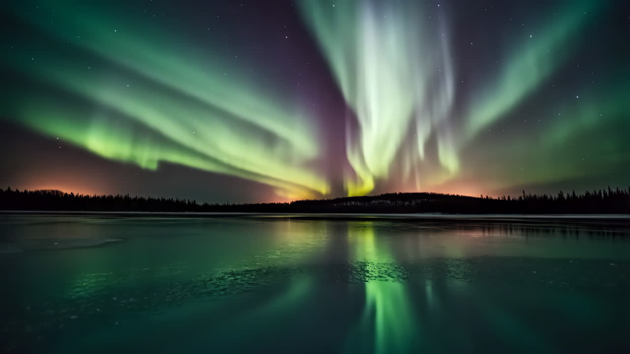 Vibrant Aurora Borealis Reflecting over a Tranquil Lake at Night