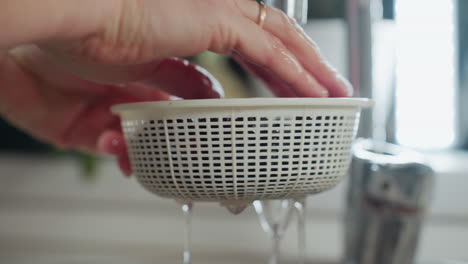 close up hand view of woman rinsing blackberries in white strainer under running tap water, droplets falling through holes, water streaming over fresh berries during washing process