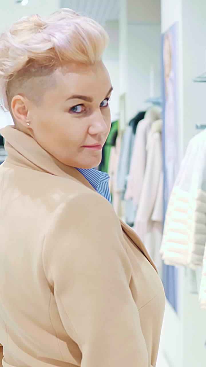 Woman Trying On a Light Beige Coat in a Clothing Store