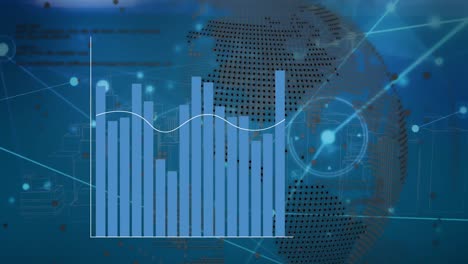 Animation-Von-Diagrammen-über-Dem-Globus,-Symbolen-Und-Verbindungen-Auf-Blauem-Hintergrund