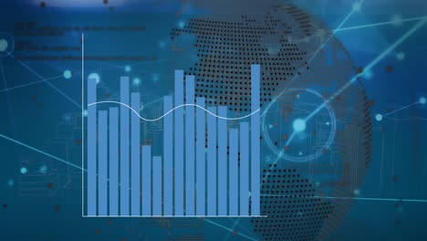 animation of graphs over globe, icons and connections on blue background