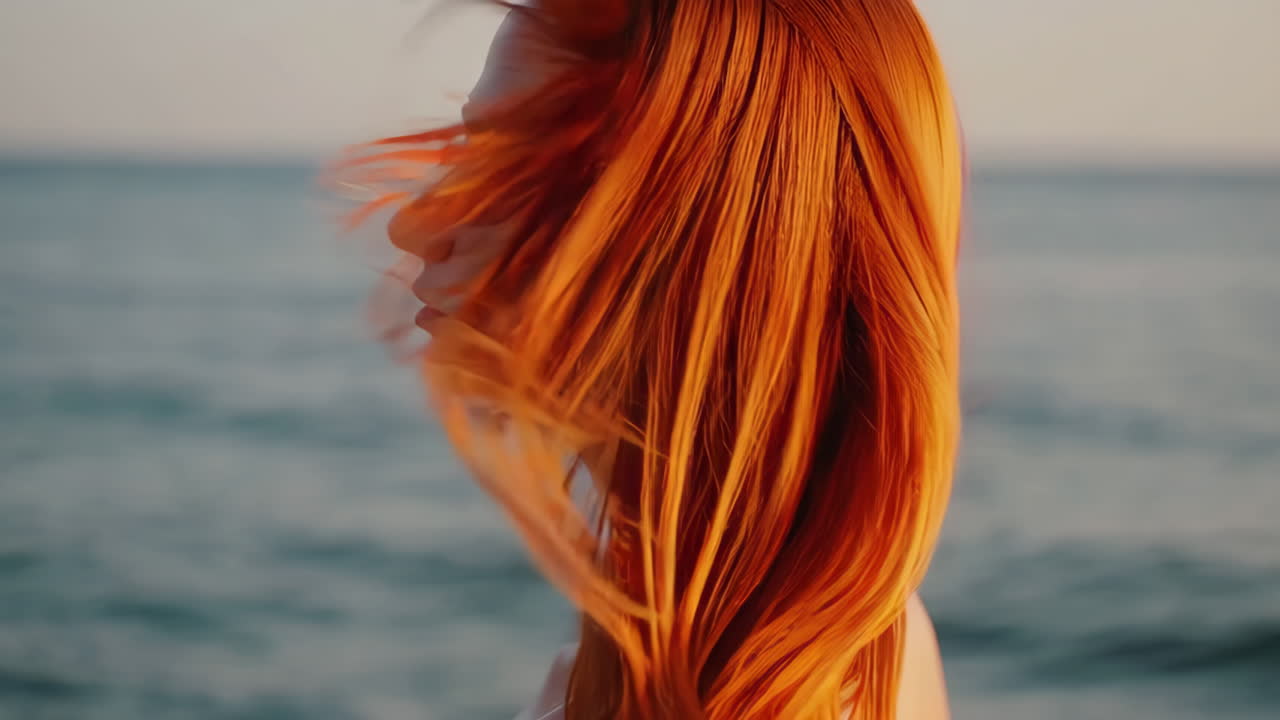 Woman with Red Hair at Sunset Beach