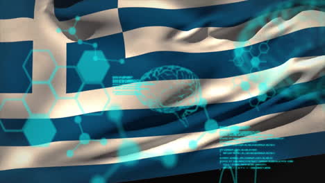 animación de procesamiento de datos con cerebro y moléculas sobre la bandera de grecia