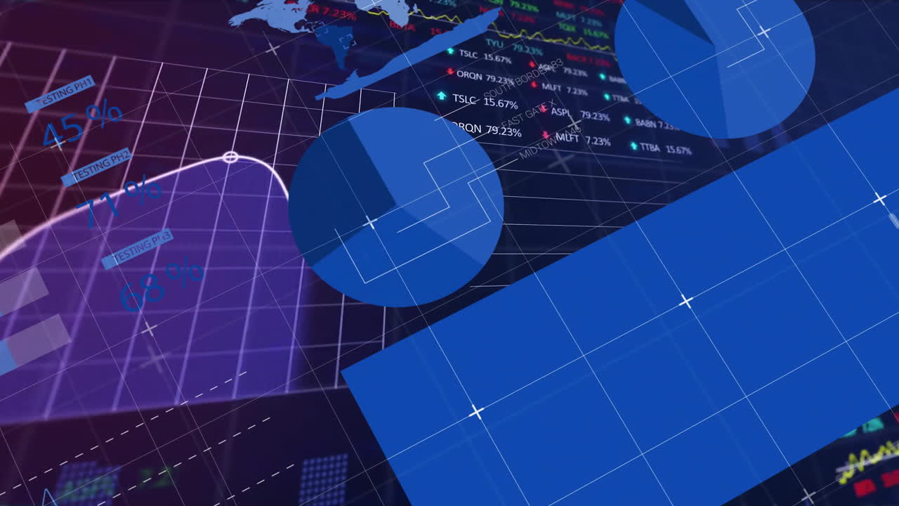 Animation of interface screens with charts and graphs processing data ...