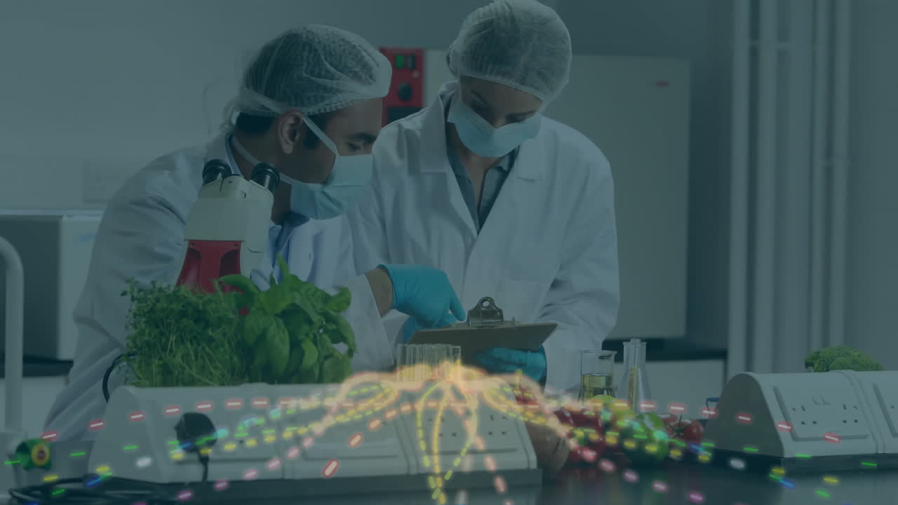 Scientists in lab coats analyzing data with colorful animation overlay