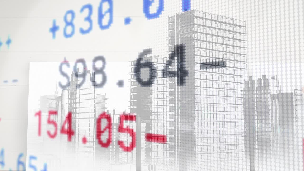 주식 시장 데이터 처리의 디지털 애니메이션 백색 배경에 대한 3d 빌딩 모델 위에