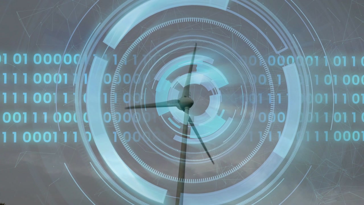Wind turbine receiving data, blades rotating, HUD rings filling hub with binary, monitoring energy