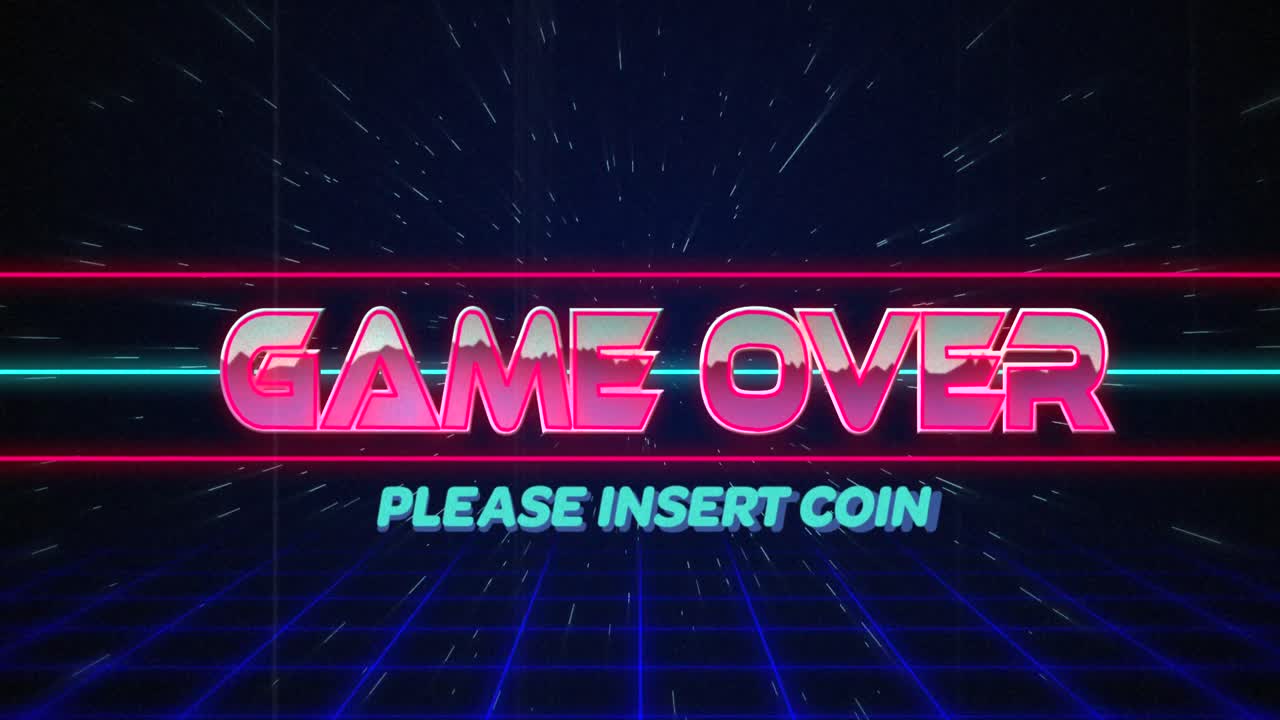 레트로 게임 오버 텍스트 블루와 레드 라인 오버 화이트 하이퍼스페이스 효과