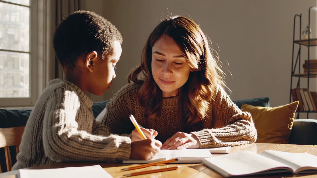 madre ayudando a su hijo con la tarea