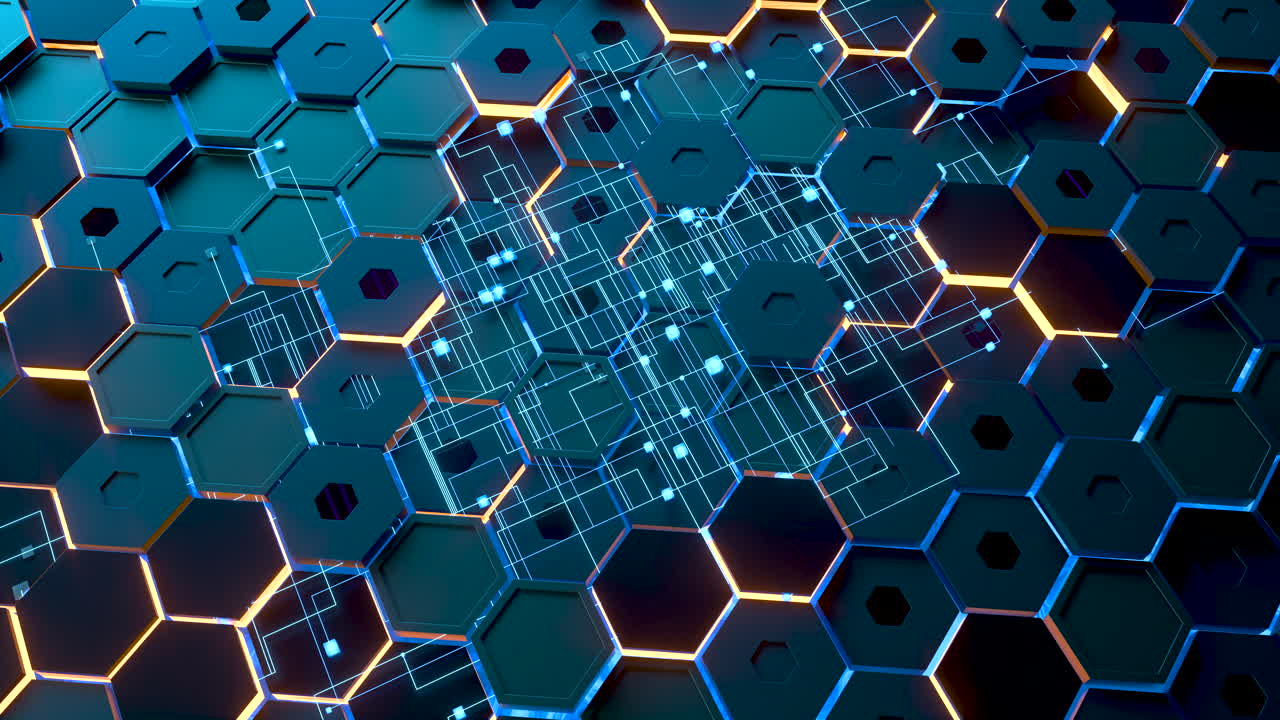 fondo de cubos hexagonales brillantes, ciberespacio de alta tecnología, renderización en 3d.