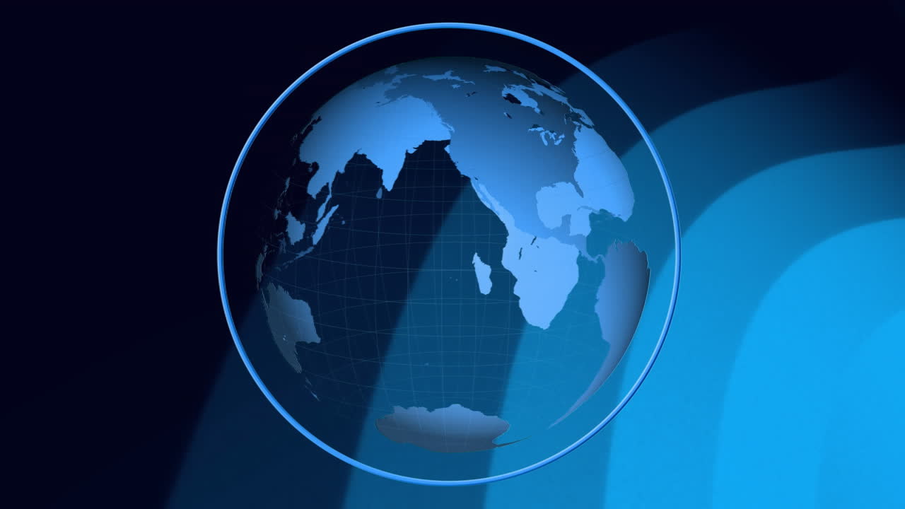 animación del globo terrestre girando sobre rastros de luz azul pulsando sobre un fondo negro