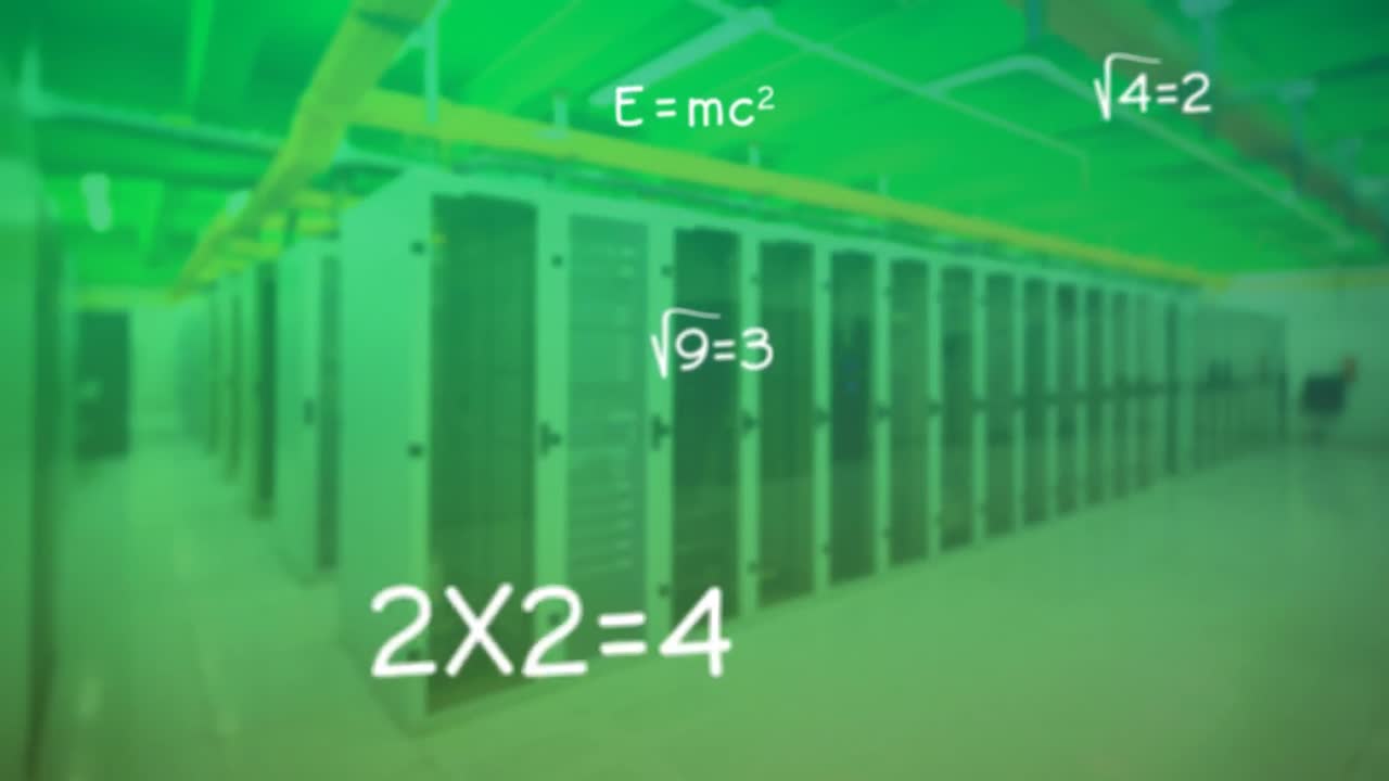 Mathematical equations moving against server room