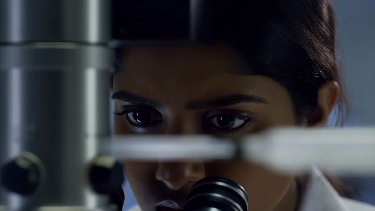A young female scientist looking through a microscope in a laboratory