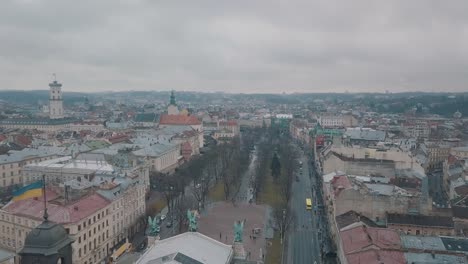 Aerial-City-Lviv,-Ukraine.-European-City.-Popular-areas-of-the-city.-Lviv-Opera