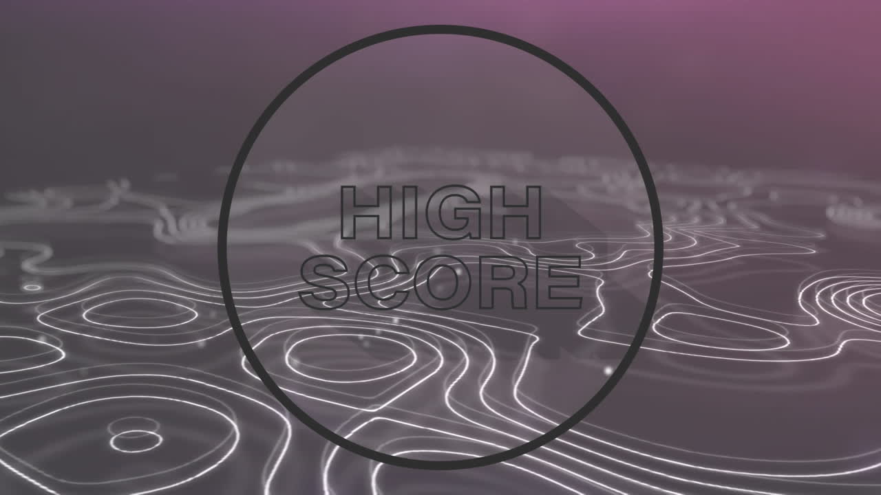 보라색 배경에  ⁇ 색 파동 라인 위에 검은색 원 윤 ⁇ 으로 높은 점수 텍스트의 애니메이션