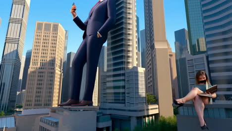 giant businessman and a woman in a city of disproportionate scale