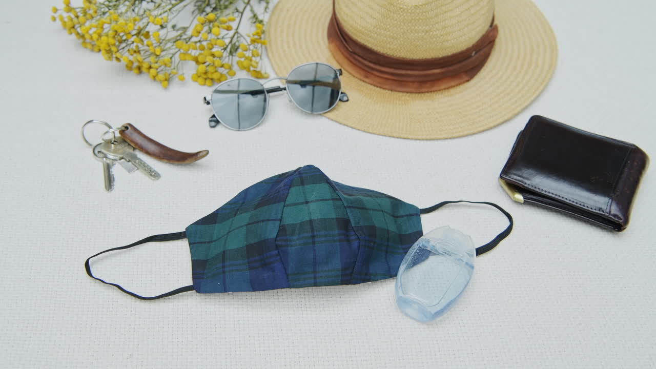 Face Mask, Keys, Wallet Flat Lay - Coronavirus New Normal Concept