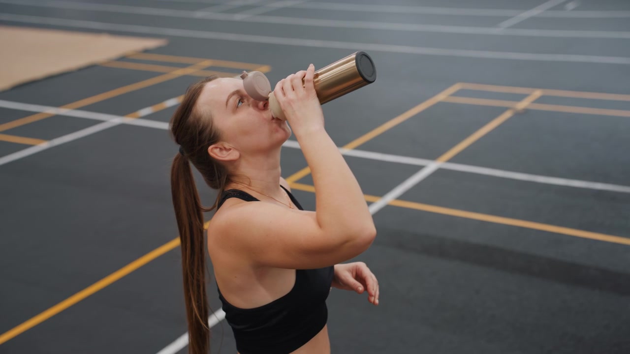Campo da badminton al coperto: una donna si idrata e si prepara per il riscaldamento, tiene un thermos, coda di cavallo, reggiseno sportivo, linee del campo sotto i piedi, espressione concentrata mentre sorseggia acqua e regolarizza il respiro.