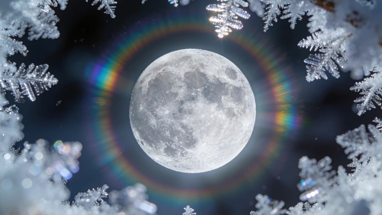 Vollmond enthüllt leuchtende Regenbogenkorona bei Nacht, funkelnder Reifrand, dünner Dunst verursacht Verschiebungen.