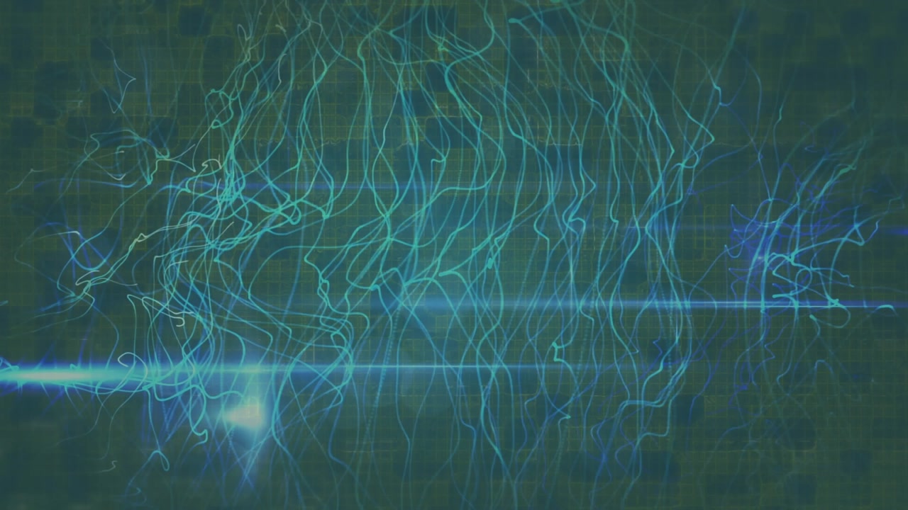 Abstract Glowing Lines and Light Flares Moving on a Digital Grid Background
