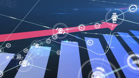 animation of line with financial data processing with red arrow ascending and network of connections