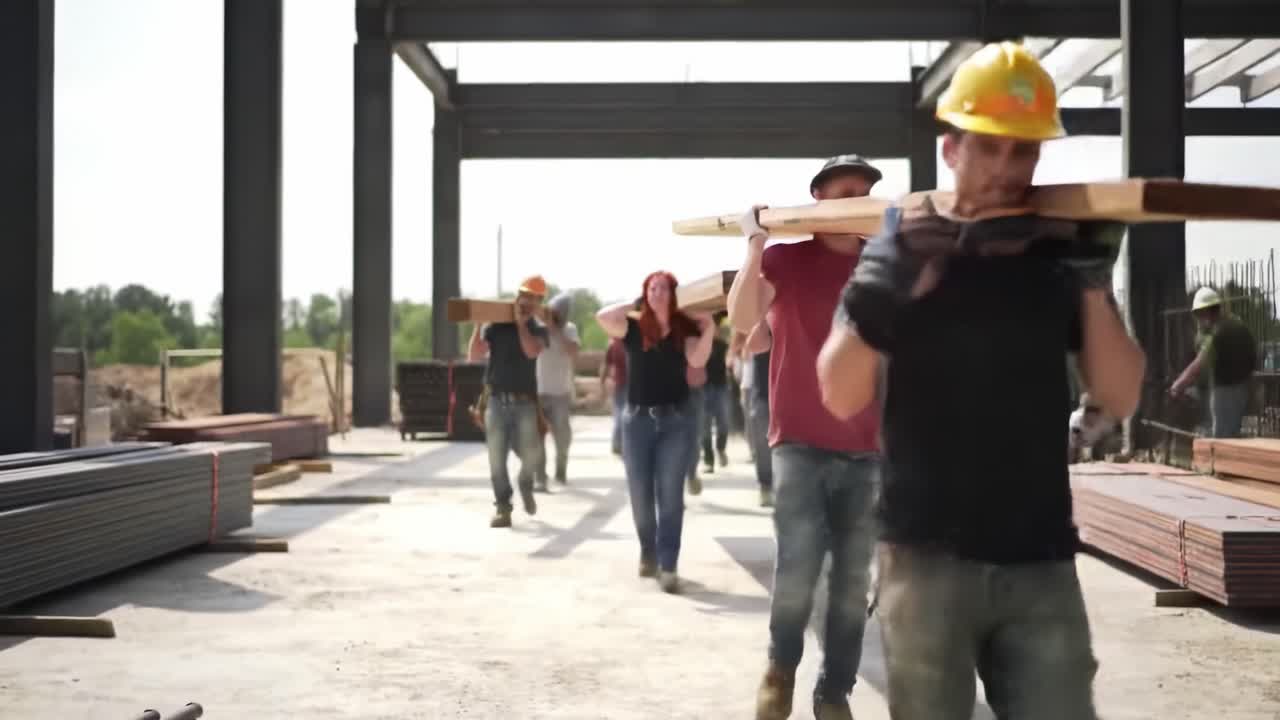 Construction Crew in Action: Team Members Carrying Wooden Beams on a Job Site Under the Bright Sunlight During a Productive Workday