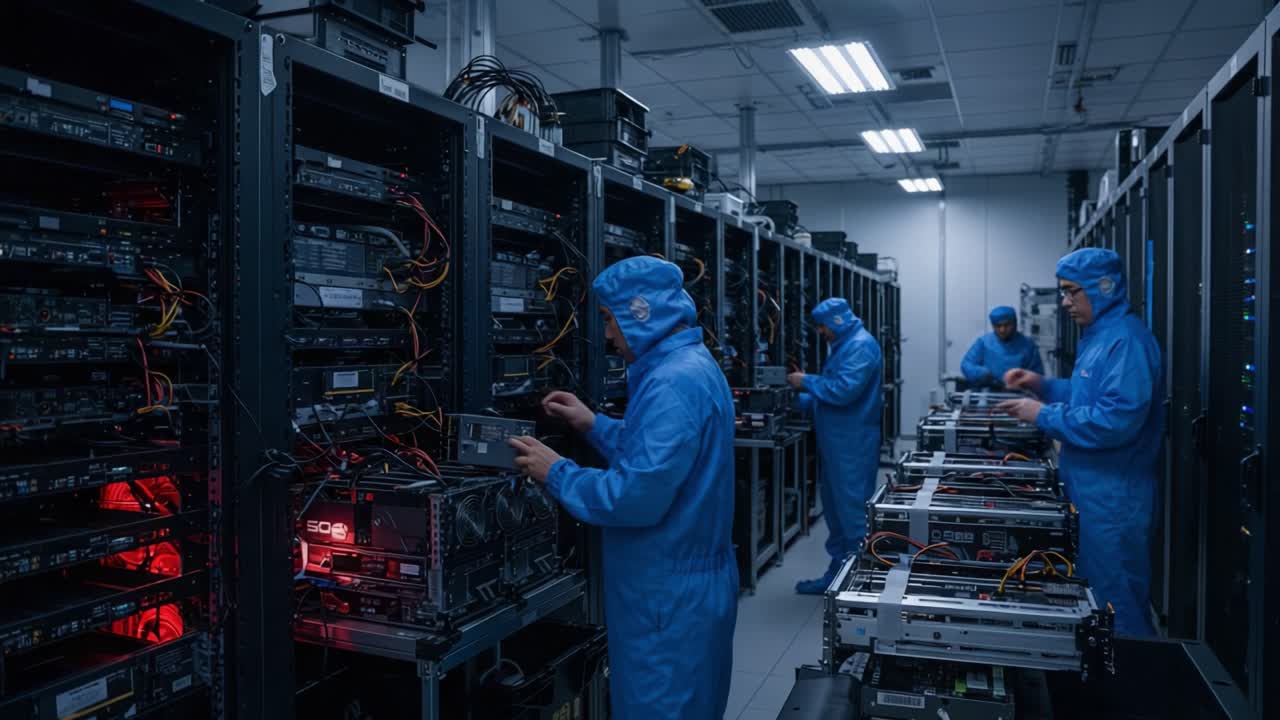 Technicians Operate High-Tech Server Room, Preparing and Maintaining Computer Hardware in Clean Environment with Advanced Networking Equipment