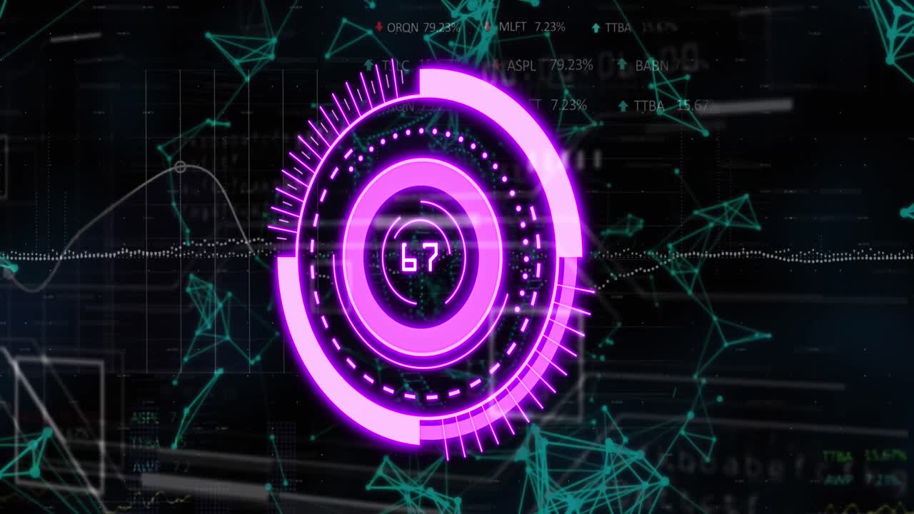 animación de un círculo púrpura con números sobre conexiones en fondo negro