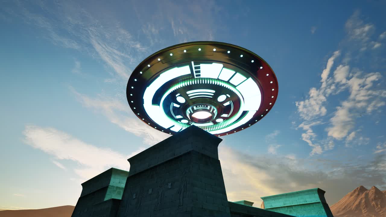 새벽에 사막에 있는 고대 이집트 사원 유적 위에 떠다니는 다채로운 빛을 비추는 ufo, 3d 애니메이션, 애니메이션 풍경, 카메라  ⁇  아웃