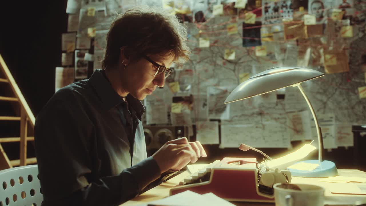 Female Detective Typing Report on Typewriter in Office at Night