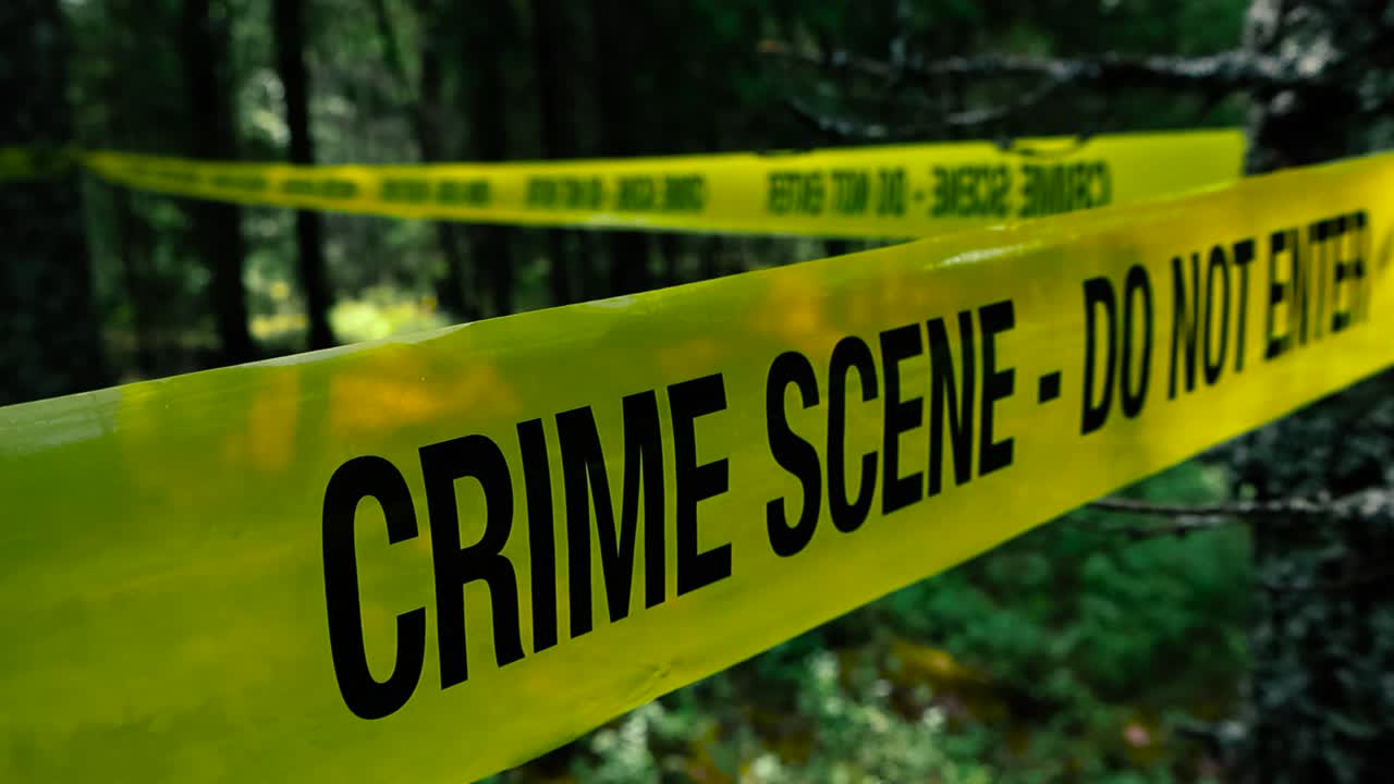 Close up or closeup footage of a yellow vibrant coloreed Crime Scene Do Not Enter tape in front of a investigation homicide area in a dark forest that has sun rays shining between trees. Bokeh back.